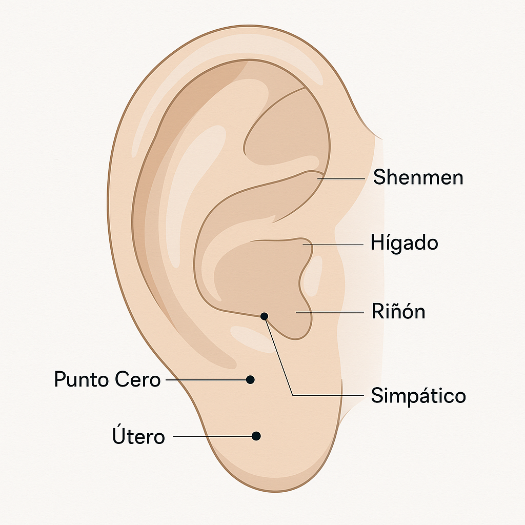 Mapa auricular según la Medicina China que muestra los puntos reflejos Shenmen, Hígado, Riñón, Simpático, Punto Cero y Útero, utilizados en auriculoterapia para tratar estrés, ansiedad, insomnio y otros desequilibrios.